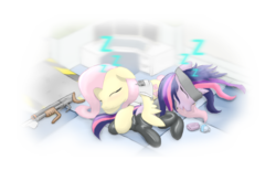 Size: 1812x1127 | Tagged: safe, artist:mgmax, fluttershy, twilight sparkle, pegasus, pony, unicorn, g4, cute, female, future twilight, mare, sleeping, weapon