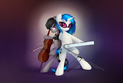 Size: 1474x998 | Tagged: safe, artist:wreky, dj pon-3, octavia melody, vinyl scratch, earth pony, pony, unicorn, g4, back to back, bipedal, cello, duo, female, mare, musical instrument, turntable