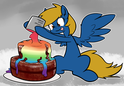 Size: 1248x875 | Tagged: safe, artist:whatsapokemon, oc, oc only, oc:rainy season, cake, liquid rainbow, tongue out