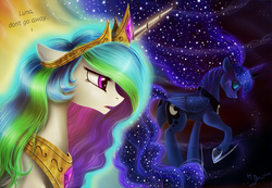 Size: 2600x1800 | Tagged: safe, artist:das_leben, princess celestia, princess luna, alicorn, pony, g4, dark side, duet, portrait, sad, sisters