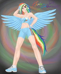 Size: 1088x1300 | Tagged: safe, artist:aphexangel, rainbow dash, human, g4, armpits, belly button, clothes, female, fetish, gloves, goggles, humanized, midriff, shorts, smiling, sneakers, sneakers fetish, solo, tailed humanization, tank top, winged humanization