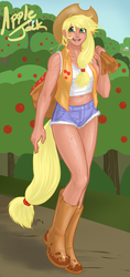 Size: 565x1200 | Tagged: safe, artist:aphexangel, applejack, human, g4, apple, belly button, boots, clothes, cowboy boots, cowboy hat, cowboy vest, daisy dukes, female, hat, humanized, looking at you, midriff, open mouth, sack, shoes, smiling, solo, straw in mouth, sweet apple acres, tailed humanization, wheat