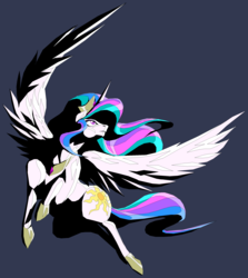 Size: 2462x2758 | Tagged: safe, artist:terry, princess celestia, alicorn, pony, g4, blue background, dark background, dark blue background, dramatic lighting, female, flying, high res, mare, simple background, solo, spread wings