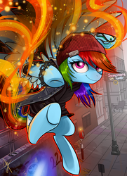 Size: 1444x1992 | Tagged: safe, artist:supermare, rainbow dash, pegasus, pony, g4, beanie, chains, clothes, crossover, delsin rowe, female, hat, infamous, infamous second son, looking at you, mare, smiling, smoke, solo, street