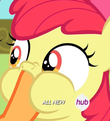 Size: 792x878 | Tagged: safe, screencap, apple bloom, scootaloo, g4, somepony to watch over me, all new, cropped, hoof in mouth, hoofjack, hub logo, nose wrinkle, puffy cheeks