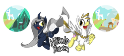 Size: 1024x465 | Tagged: safe, artist:srmario, oc, oc only, oc:alba pen, oc:silverwind, changeling, changepony, classical hippogriff, hippogriff, hybrid, cute, flapping, flying, interspecies offspring, offspring, open mouth, parent:oc:doctiry, parent:oc:platan, parents:oc x oc, parents:platiry, platiry, simple background, smiling, spread wings, white background