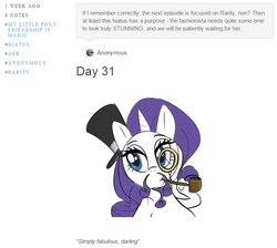 Size: 719x644 | Tagged: safe, artist:furseiseki, rarity, g4, anonymous, beard, darling, fabulous, female, hat, hiatus, is my little pony: friendship is magic still on hiatus?, monocle, monocle and top hat, moustache, pipe, raritember, simple background, smoking, solo, top hat, tumblr