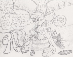 Size: 2929x2312 | Tagged: safe, artist:darkknighthoof, apple bloom, applejack, earth pony, pony, g4, apple, basket, bondage, book, brush, butt, dishonorapple, feather, female, fetish, filly, high res, hoof fetish, hooves, mare, monochrome, pineapple, plot, potion, rope, sibling tickling, siblings, sisters, tickle fetish, tickle torture, tickling, tied up, traditional art, tree, underhoof