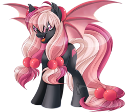 Size: 1200x1051 | Tagged: safe, artist:blackfreya, oc, oc only, oc:strawberry devilcake, bat pony, pony, fangs, simple background, solo, transparent background