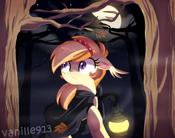 Size: 1280x1008 | Tagged: dead source, safe, artist:spookyle, oc, oc only, oc:pumpkin patch, bat pony, pony, bat pony oc, bat wings, cloak, clothes, female, floppy ears, forest, freckles, hairband, lantern, looking back, mare, moon, night, night sky, scared, shrunken pupils, sky, slit pupils, solo, starry night, tree, wing hands, wings