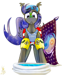 Size: 1150x1380 | Tagged: dead source, safe, artist:xsizorback, oc, oc only, bat pony, pony, clothes, floaty, one-piece swimsuit, solo, swimming pool, swimsuit, vdv