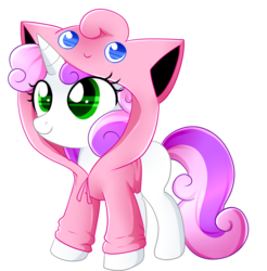 Size: 2943x2988 | Tagged: safe, artist:scarlet-spectrum, sweetie belle, jigglypuff, pony, unicorn, g4, clothes, crossover, cute, diasweetes, female, filly, foal, high res, hoodie, horn, pokémon, simple background, solo, transparent background