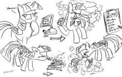 Size: 1024x653 | Tagged: safe, artist:silverwing, twilight sparkle, alicorn, pony, g4, challenge, challenge accepted, comic, commission, computer, dust, flower, humor, monochrome, sketch, sketch dump, sneeze cloud, sneezing, spray, twilight sparkle (alicorn)