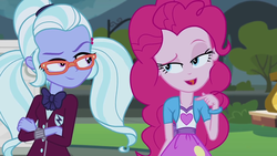 Size: 1280x720 | Tagged: safe, edit, screencap, pinkie pie, sugarcoat, equestria girls, g4, my little pony equestria girls: friendship games, bedroom eyes, dreamworks face, inverted mouth