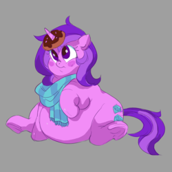 Size: 1500x1500 | Tagged: safe, artist:mellowhen, amethyst star, sparkler, pony, unicorn, g4, adorafatty, belly, blushing, clothes, cute, donut, fat, female, gray background, mare, obese, raised hoof, scarf, simple background, sitting, solo, underhoof