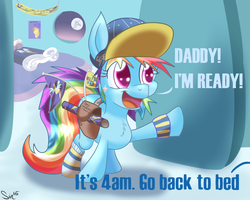 Size: 1870x1498 | Tagged: safe, artist:sintakhra, rainbow blaze, rainbow dash, pony, g4, chest fluff, clothes, cute, dashabetes, dialogue, fangirl, female, filly, filly rainbow dash, flag, happy, hat, implied soarin', mare, mare in the moon, moon, open mouth, poster, rainbow dash always dresses in style, saddle bag, socks, solo, window, wonderbolts, yelling