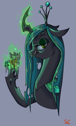 Size: 530x878 | Tagged: safe, artist:sourcherry, princess cadance, queen chrysalis, shining armor, changeling, changeling queen, g4, crown, evil smile, fangs, female, jewelry, licking lips, magic, melting, raised eyebrow, regalia, tongue out