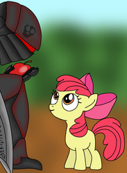 Size: 326x446 | Tagged: safe, apple bloom, human, g4, apple, armor, sword