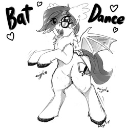 Size: 1280x1280 | Tagged: safe, artist:buttwings, oc, oc only, oc:gretchen, bat pony, pony, bat pony oc, bipedal, cute, dancing, eye clipping through hair, female, fluffy, glasses, grayscale, monochrome, solo