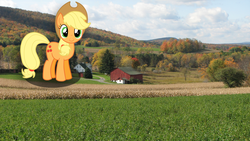 Size: 1024x576 | Tagged: safe, artist:mcayon, applejack, earth pony, pony, g4, barn, farm, giant pony, irl, macro, photo, ponies in real life