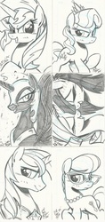 Size: 567x1199 | Tagged: safe, artist:ponygoddess, diamond tiara, nightmare moon, rarity, shining armor, silver spoon, sunset shimmer, pony, g4, cute, monochrome, sketch