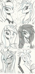 Size: 567x1199 | Tagged: safe, artist:ponygoddess, discord, princess cadance, princess celestia, princess luna, queen chrysalis, oc, oc:sappho, g4, hair over one eye, monochrome