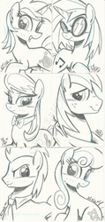 Size: 569x1199 | Tagged: safe, artist:ponygoddess, big macintosh, bon bon, dj pon-3, doctor whooves, lyra heartstrings, octavia melody, sweetie drops, time turner, vinyl scratch, earth pony, pony, g4, male, monochrome, stallion