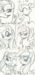 Size: 567x1200 | Tagged: safe, artist:ponygoddess, applejack, fluttershy, pinkie pie, rainbow dash, rarity, twilight sparkle, alicorn, pony, g4, female, mane six, mare, monochrome, twilight sparkle (alicorn)