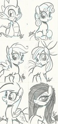 Size: 563x1200 | Tagged: safe, artist:ponygoddess, apple bloom, derpy hooves, scootaloo, spike, sweetie belle, oc, oc:sappho, pegasus, pony, g4, cutie mark crusaders, female, mare, monochrome