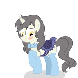 Size: 512x512 | Tagged: safe, artist:lion-grey, oc, oc only, oc:short fuse, blush sticker, blushing, bowtie, clothes, crossdressing, femmy, male, ribbon, saddle, socks, solo, stockings, trap