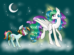 Size: 1024x768 | Tagged: safe, artist:vpshka, princess celestia, oc, oc:colour spark, alicorn, pony, unicorn, g4, female, mare, moon