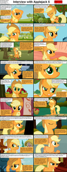 Size: 1282x3304 | Tagged: safe, applejack, earth pony, pony, comic:celestia's servant interview, g4, apple, apple tree, blushing, caption, comic, cs captions, female, floppy ears, hat, hilarious in hindsight, interview, mare, ponyville, solo, sweet apple acres, tree
