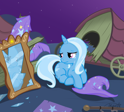 Size: 960x867 | Tagged: safe, artist:theparagon, trixie, pony, unicorn, broken glass, broken mirror, cape, caravan, cart, clothes, crying, female, floppy ears, frown, hat, mare, mirror, prone, sad, shattered glass, solo, the sad and depresive trixie, trixie's cape, trixie's hat, trixie's wagon, wagon