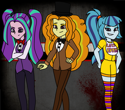 Size: 2176x1920 | Tagged: safe, artist:flamefyre1235, adagio dazzle, aria blaze, sonata dusk, equestria girls, g4, bonnie (fnaf), chica, five nights at freddy's, freddy fazbear, the dazzlings