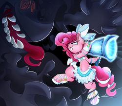 Size: 3500x3050 | Tagged: safe, artist:madacon, pinkie pie, earth pony, anthro, unguligrade anthro, g4, belly button, high res, midriff, monster, weapon