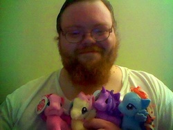 Size: 640x480 | Tagged: safe, fluttershy, pinkie pie, rainbow dash, twilight sparkle, human, g4, beard, brony, clothes, funrise, glasses, irl, irl human, photo, plushie, redhead, t-shirt, toy