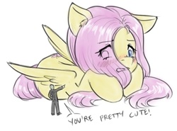 Size: 496x367 | Tagged: safe, artist:alloyrabbit, fluttershy, oc, oc:anon, human, pony, g4, blushing, captain obvious, cute, dialogue, embarrassed, giant pony, macro, size difference, truth