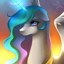 Size: 900x900 | Tagged: dead source, safe, artist:jacky-bunny, princess celestia, alicorn, pony, g4, bust, female, glowing horn, horn, mare, signature, solo