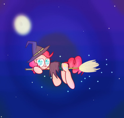 Size: 1280x1221 | Tagged: safe, artist:mr-degration, pinkie pie, g4, broom, female, flying, flying broomstick, hat, moon, night, outdoors, sky, solo, witch, witch hat