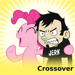 Size: 1024x1024 | Tagged: safe, artist:cheezedoodle96, derpibooru exclusive, pinkie pie, human, pony, derpibooru, g4, ^^, angry, clothes, crossover, dan, dan vs, eyes closed, female, gritted teeth, happy, mare, meta, official spoiler image, smiling, spoilered image joke