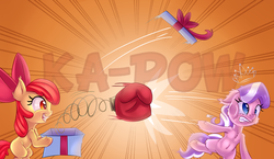 Size: 4000x2324 | Tagged: safe, artist:discorded, apple bloom, diamond tiara, g4, boxing gloves, derp, duo, prank, present, tiarabuse