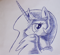 Size: 870x800 | Tagged: safe, artist:inkygarden, princess celestia, g4, ballpoint pen, blushing, female, looking at you, monochrome, sketch, solo, traditional art