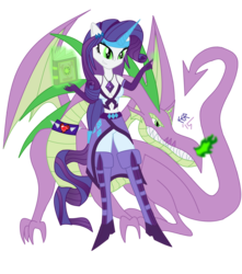 Size: 3000x3400 | Tagged: safe, artist:e-e-r, rarity, spike, equestria girls, g4, inspiration manifestation, my little pony: friendship is magic, belly button, corrupted, equestria girls interpretation, greed spike, high res, inspirarity, midriff, older, older spike, possessed, scene interpretation, simple background, transparent background, winged spike, wings