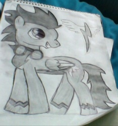 Size: 343x366 | Tagged: safe, artist:foxy fazbear, soarin', pony, g4, backwards cutie mark, male, monochrome, photo, solo, traditional art