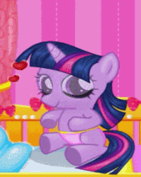 Size: 292x366 | Tagged: safe, twilight sparkle, pony, g4, animated, baby, baby pony, babylight sparkle, blue diaper, cute baby, diaper, female, flash, flash game, floating heart, game, happy baby, heart, looking at you, newborn, newborn foal, solo, younger