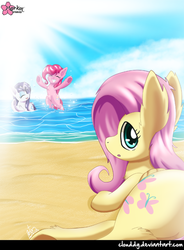 Size: 663x900 | Tagged: safe, artist:clouddg, fluttershy, pinkie pie, rarity, earth pony, pegasus, pony, unicorn, g4, beach, fluffy, ocean, solo focus, trio