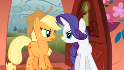 Size: 1920x1080 | Tagged: safe, screencap, applejack, rarity, earth pony, pony, unicorn, g4, look before you sleep, my little pony: friendship is magic, female, golden oaks library, mare