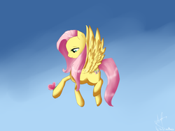 Size: 2560x1920 | Tagged: safe, artist:theelvenchudik, fluttershy, butterfly, pegasus, pony, g4, female, flying, gradient background, mare, simple background, sky, solo, spread wings
