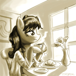 Size: 1000x1000 | Tagged: dead source, safe, artist:pluckyninja, octavia melody, earth pony, pony, g4, bed mane, chair, clothes, croissant, cup, drink, female, flower, food, mare, monochrome, morning, morning ponies, plate, sitting, smiling, solo, table, tea, vase, vest, window