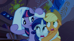 Size: 1920x1080 | Tagged: safe, screencap, applejack, rarity, twilight sparkle, earth pony, pony, unicorn, g4, look before you sleep, adorable face, adorkable, applejack's hat, cowboy hat, cute, dork, ears back, female, golden oaks library, hat, looking at each other, mare, open mouth, scared, smiling, twiabetes, unicorn twilight